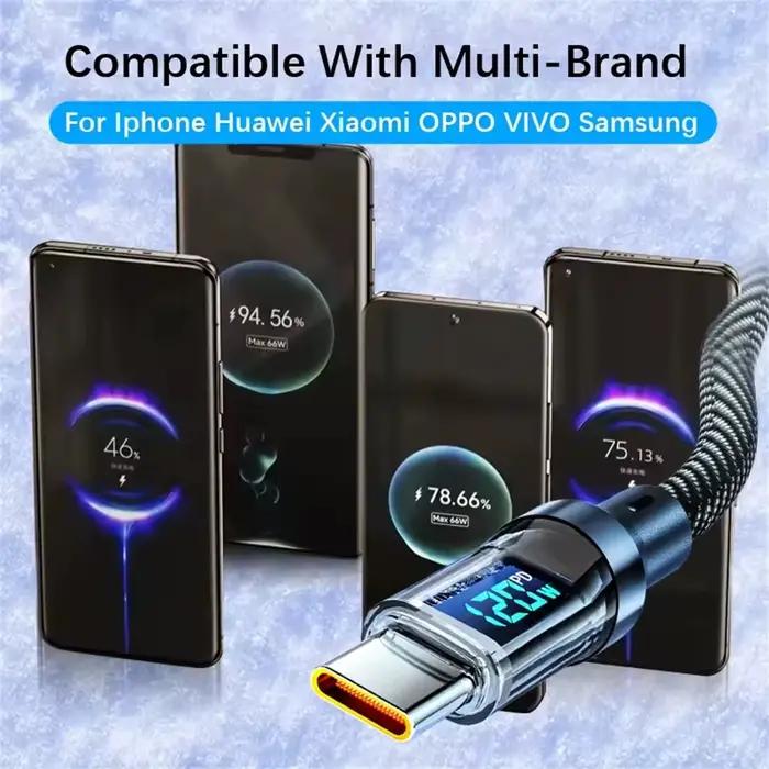 Câble de charge ultra rapide 120W pour téléphone avec affichage LED en tresse robuste pour charge rapide et protection de la batterie - noir et beige - 1m et 2m