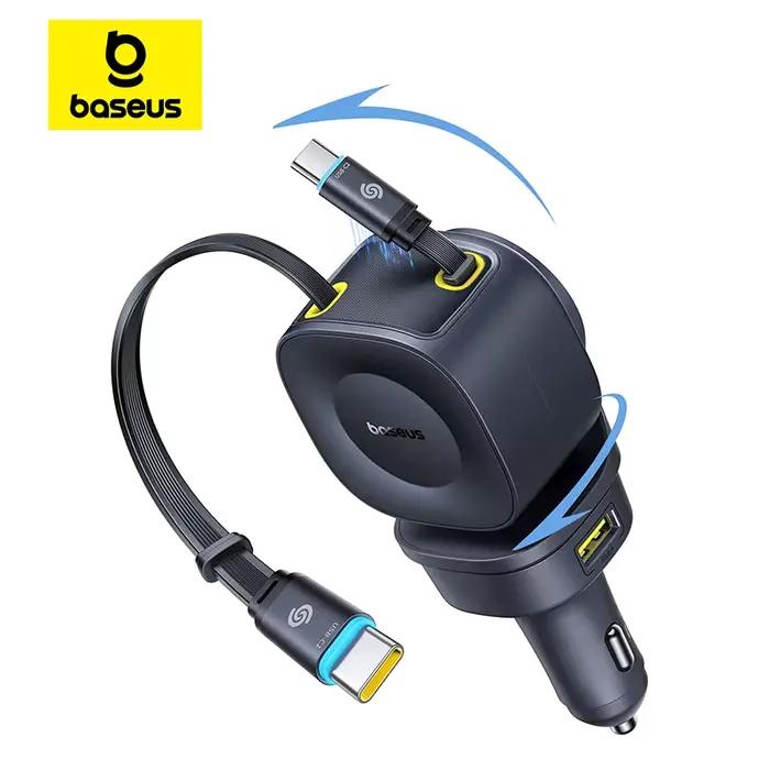 Chargeur de voiture Baseus 60W 100W 30W 240W 4 ports intégré double câble rétractable PD charge rapide USB type-c