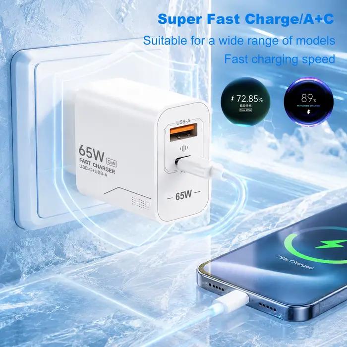 Chargeur USB C GaN 65W à 2 ports, charge rapide, adaptateur secteur pour iPhone, Samsung, Xiaomi, type C, prise EU/US, chargeur mural