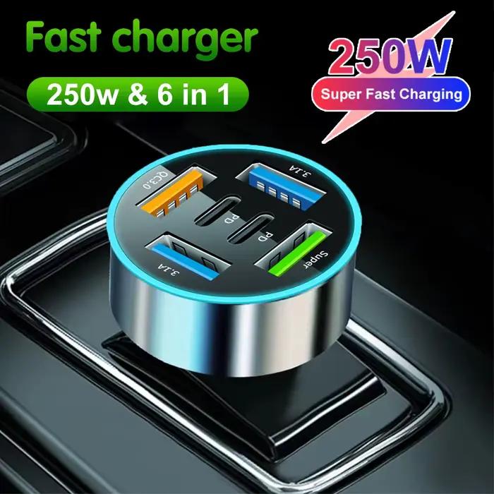 Chargeur de voiture 250W 5 Ports rapide PD QC3.0 USB C multifonctionnel pour iPhone Samsung Huawei Xiaomi occasions quotidiennes et spéciales
