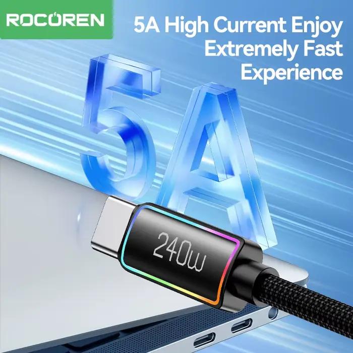 Câble de chargement USB Type-C Rocoren 240W PD 3.1 avec lumière RGB pour iPhone Samsung Ordinateur Portable iPad Occasions Spéciales