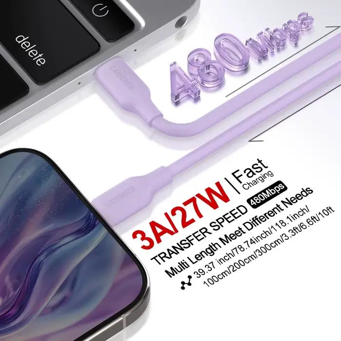 Câble de charge rapide 27W certifié MFi en silicone liquide pour iPhone 14 13 11 X Pro 8 7 occasions quotidiennes et voyages