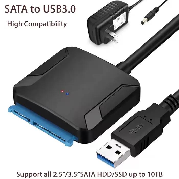 Câble SATA vers USB 3.0 Adaptateur de disque dur SATA III Convertisseur pour disque dur SSD HDD 2.5 3.5 avec alimentation 12V/2A pour sauvegarde de fichiers et mise à niveau de pilotes compatibles Windows et MacOS