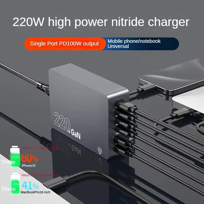 Chargeur de bureau GaN 220W 6 Ports PD 100W USB Type C QC 3.0 pour IPhone 16 Pro Macbook Samsung ordinateur portable rapide et efficace
