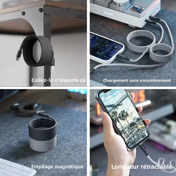 Câble Magnétique Tressé Flexible USB Type C 100W 60W pour Voiture