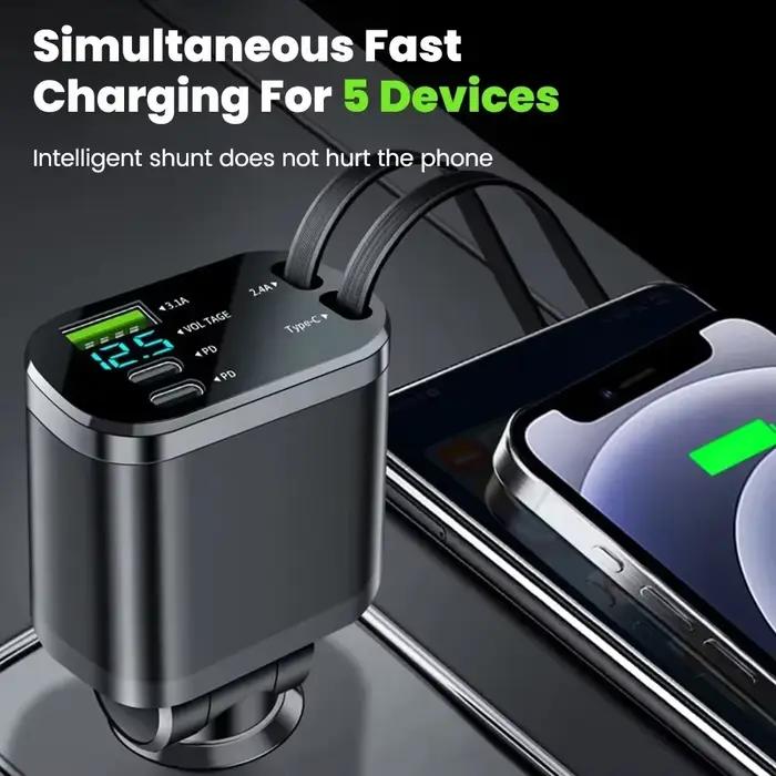 Câble de charge rapide rétractable 5 en 1 pour voiture ; Convient aux adaptateurs allume-cigare