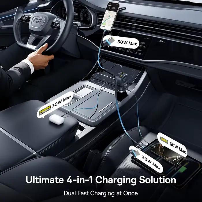 Chargeur de voiture Baseus 60W 100W 30W 240W 4 ports intégré double câble rétractable PD charge rapide USB type-c