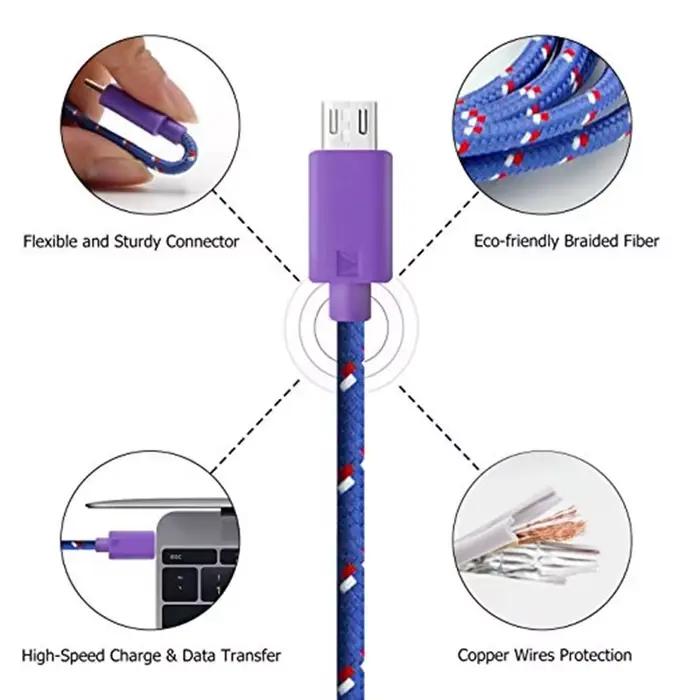 Câble de charge tressé en nylon rapide pour Samsung Huawei Xiaomi HTC téléphone Android micro câbles USB Blanc Bleu Jaune Orange Rouge Violet Noir Vert