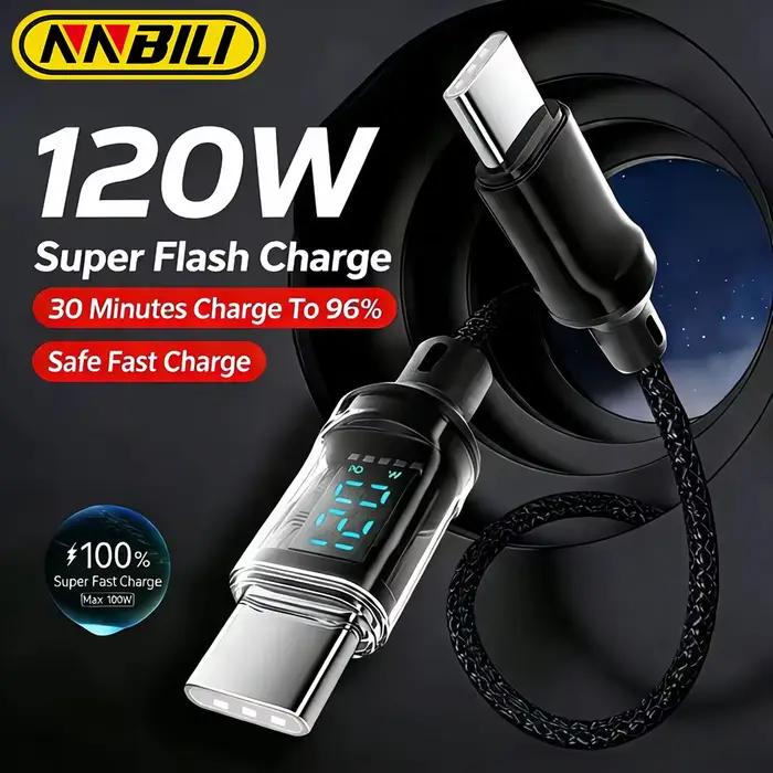 Câble de charge ultra rapide 120W pour téléphone avec affichage LED en tresse robuste pour charge rapide et protection de la batterie - noir et beige - 1m et 2m
