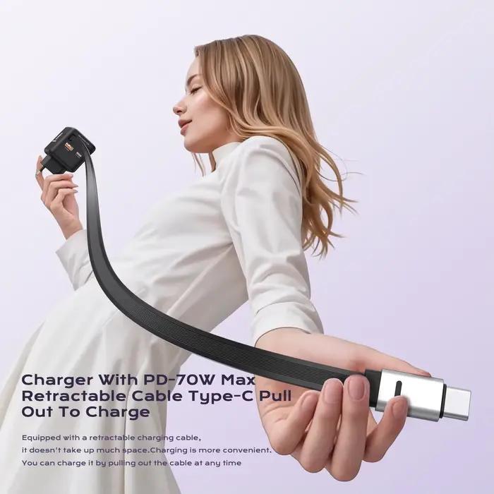 Chargeur rapide GaN 70W avec câble rétractable pour iPhone 16 15 14 et tablette ordinateur portable occassions spéciales compatibles USB-C PD3.0 QC4.0 PPS