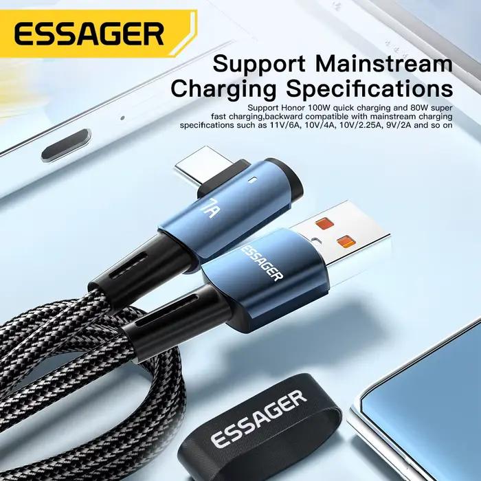 Câble USB Type C Essager 7A Charge Rapide 100W Compatible OPPO Honor Huawei Oneplus Realme Blanc Noir 1m 2m