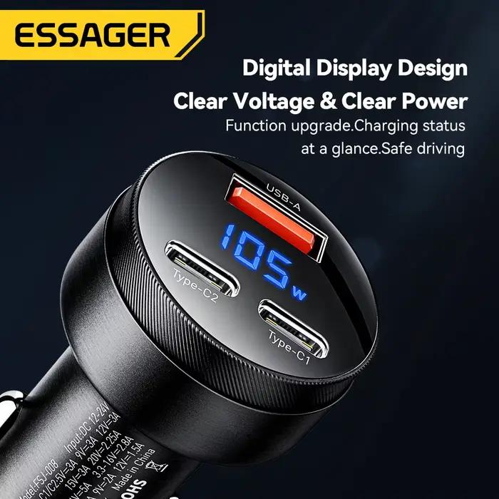 Essager 105W affichage numérique chargeur de voiture rapide pour iPhone 15 14 pro MacBook USB A C