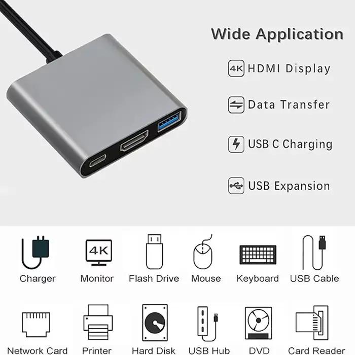 Câble adaptateur USB-C vers HDMI (convertisseur multifonction 3-en-1) prend en charge la sortie vidéo 4K Ultra HD et le transfert de données USB 3.1/3.0