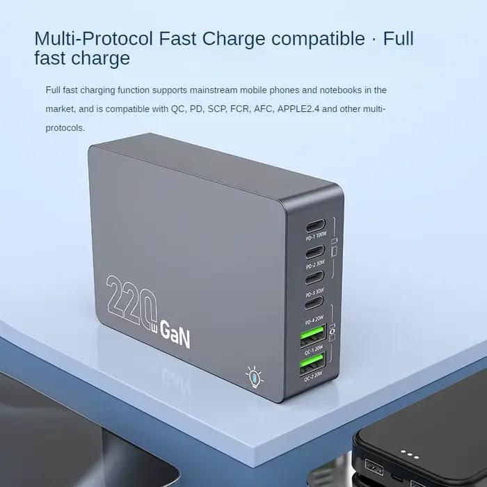 Chargeur de bureau GaN 220W 6 Ports PD 100W USB Type C QC 3.0 pour IPhone 16 Pro Macbook Samsung ordinateur portable rapide et efficace