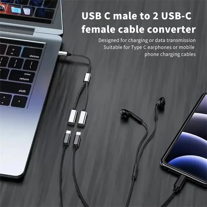 Répartiteur Portable USBC mâle vers Double USB C femelle 3 en 1