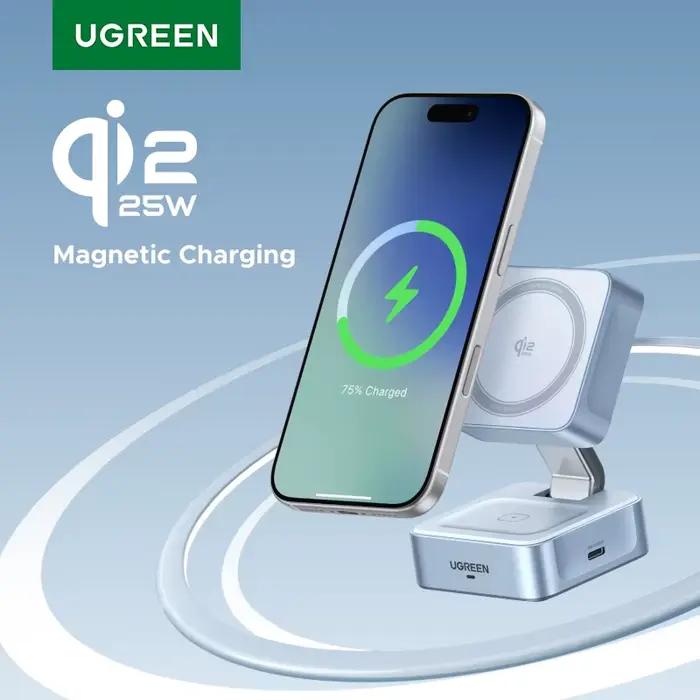Support de chargeur sans fil magnétique 2-en-1 UGREEN Qi2.2 25W 15W à charge rapide pour iPhone 16 17/AirPods Magflow