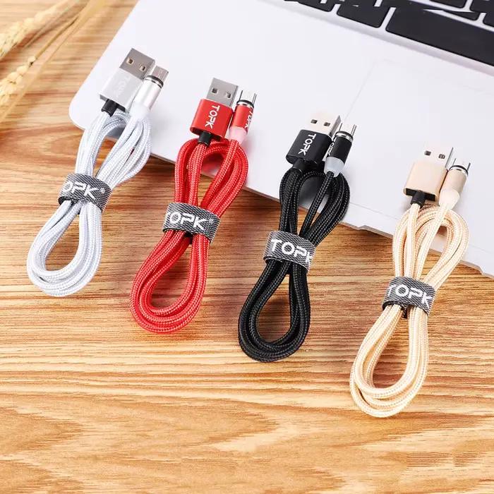 TOPK-Câble de charge magnétique 3 en 1, câble de chargeur de téléphone magnétique rotatif, câble micro USB C, nylon tressé, résistant à 360