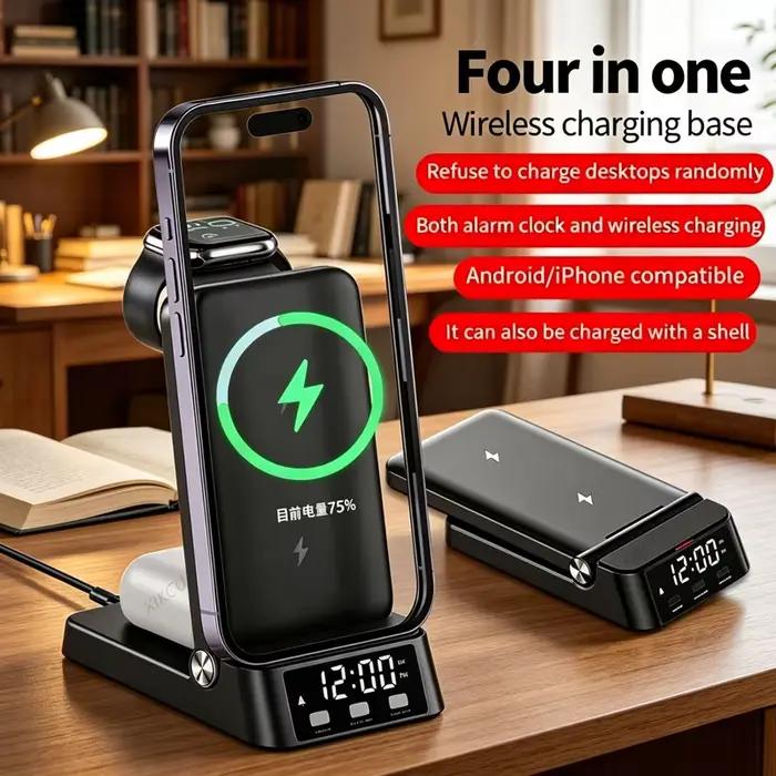 Station de charge rapide 4-en-1 pliable avec réveil et support pour téléphone