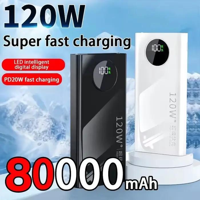 Banque d'alimentation à charge super rapide 120W capacité 80000mAh pour iPhone Xiaomi Samsung compatibles grandes marques smartphones recharge rapide affichage numérique durable