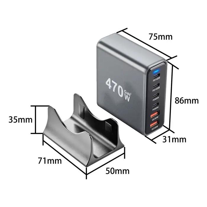 Chargeur de bureau GaN 470 W 6 ports - Charge rapide 4C2A USB-C PD pour téléphones