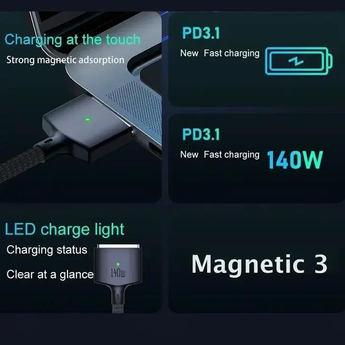 Câble de charge rapide USB-C PD magnétique sécurisé 140W 2M Type C pour MacBook Air/Pro A2442 A2485 A2681