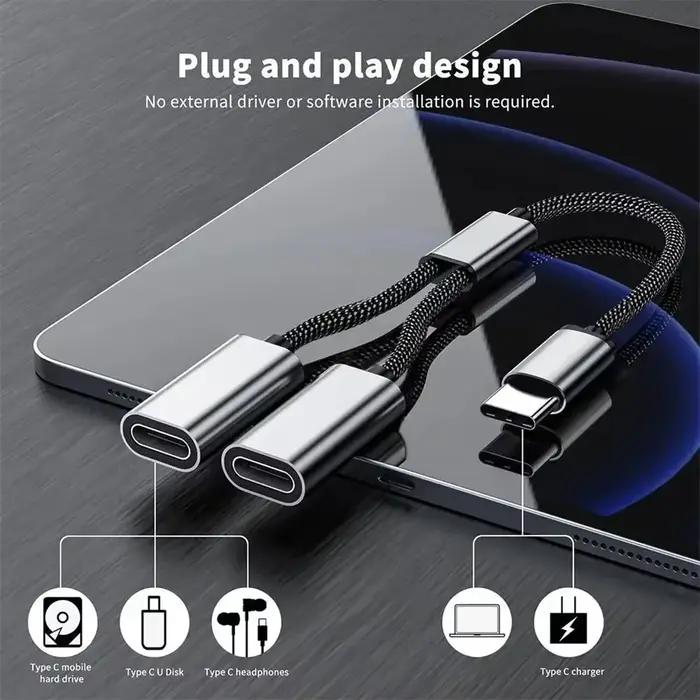 Répartiteur Portable USBC mâle vers Double USB C femelle 3 en 1