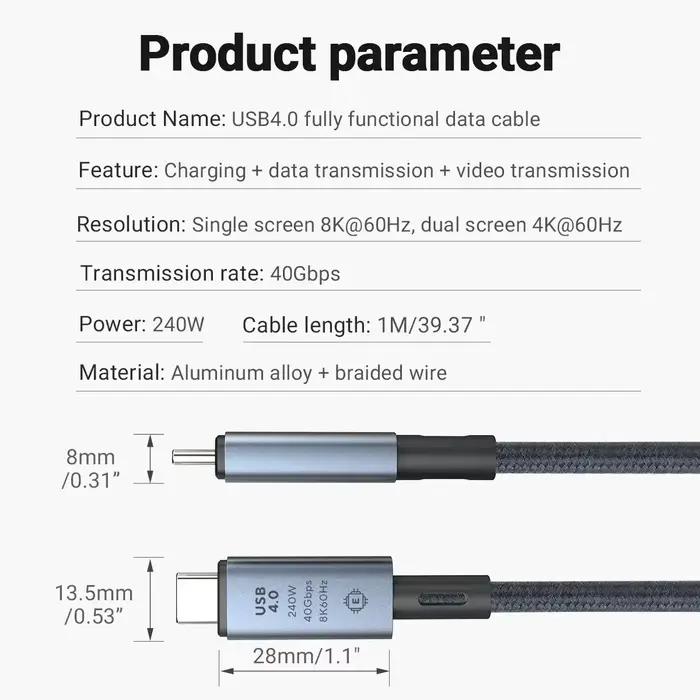 Câble tressé de données rapide USB C vers USB C charge rapide 240W transfert vidéo 8K vitesse 40Gbps pour iPhone Macbook occasions spéciales