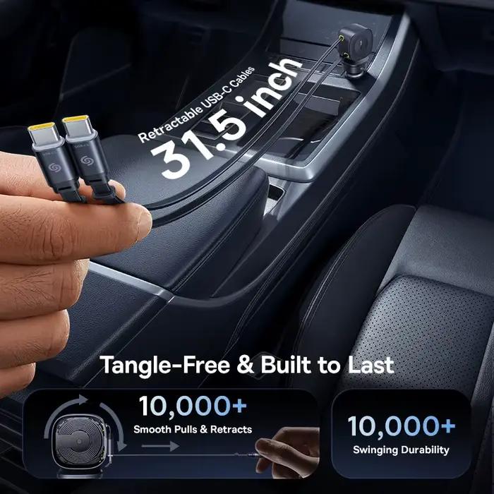Chargeur de voiture Baseus 60W 100W 30W 240W 4 ports intégré double câble rétractable PD charge rapide USB type-c
