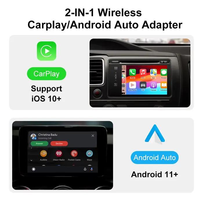 Adaptateur CarPlay/Android Auto 2-en-1 filaire vers sans fil 2026 pour Apple et Android – Plug and Play – Accessoire universel pour voiture – Nouveauté