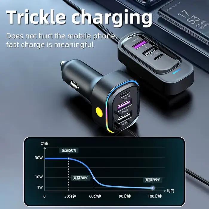 Extension avant-arrière, chargeur de voiture 6 ports, lumière RGB, charge rapide PD, adaptateur USB Type C pour iPhone et tablette