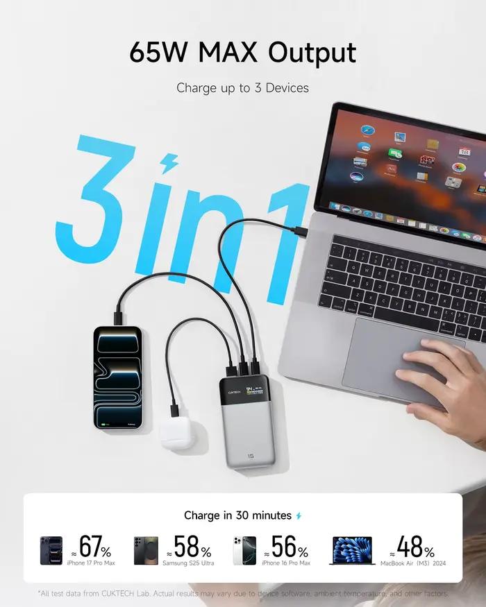 Cuktech 15 Air Power Bank 15000mAh 100W Total TFT Monitor GaN Chargeur Portable 90W pour Xiaomi pour iPhone Android