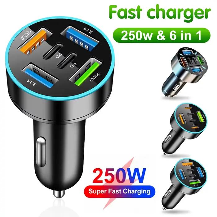 Chargeur de voiture 250W 5 Ports rapide PD QC3.0 USB C multifonctionnel pour iPhone Samsung Huawei Xiaomi occasions quotidiennes et spéciales