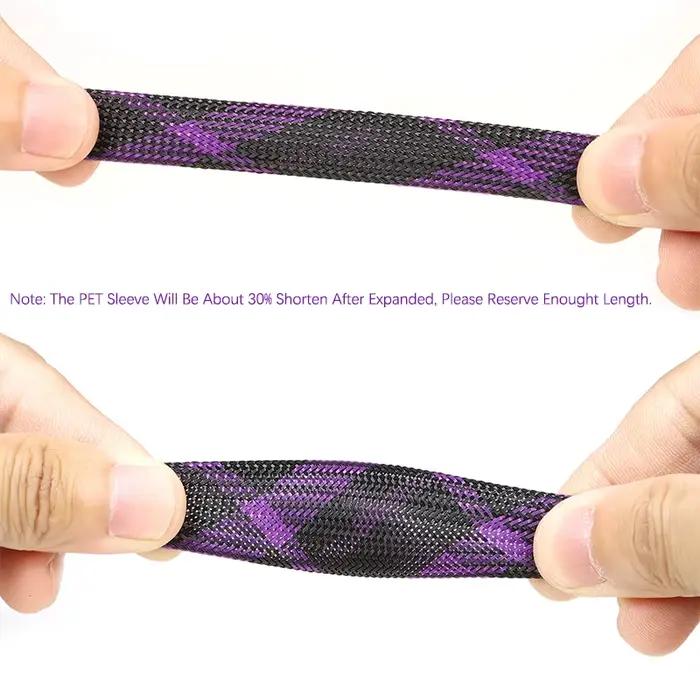 Gaine de câble haute densité tressée PET isolée extensible protection pour fils coloris violet et noir diamètres variés pour usage domestique et professionnel