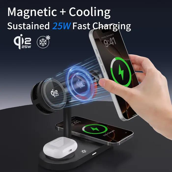 Chargeur sans fil magnétique Qi2 25W avec lumière LED et refroidissement par air pour iPhone 17 16 15 14 13 12