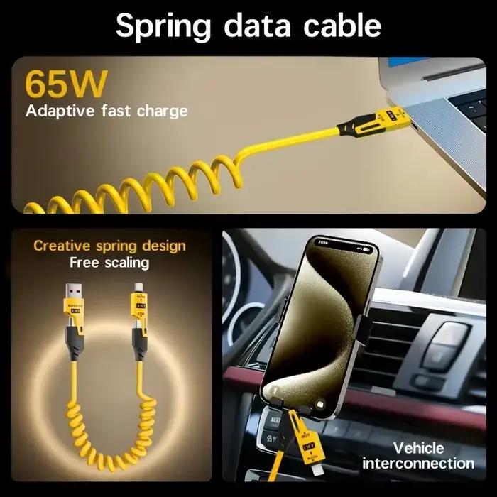 Câble de données court à ressort 4 en 1 65W 6A USB Type C