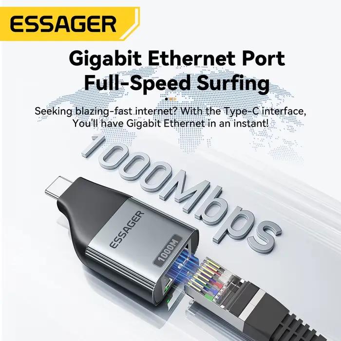 Essager adaptateur Ethernet 1000/100Mbps RJ45 à Type C connecteur Extension pour PC tablette ordinateur portable