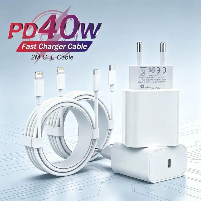 2 ensembles de chargeurs rapides 40W pour iPhone 14 Pro Max, pour iPhone 17 15 16 13 12 Pro Max, câble de charge rapide Type C, prise EU, adaptateur