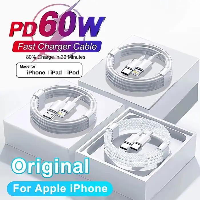 Apple D'origine PD 60W Charge Rapide Chargeur Câble Pour iPhone 17 16 15 14 13 12 11 Pro Max X XS XR 8 Plus USB Type C Lightning Câble de Charge