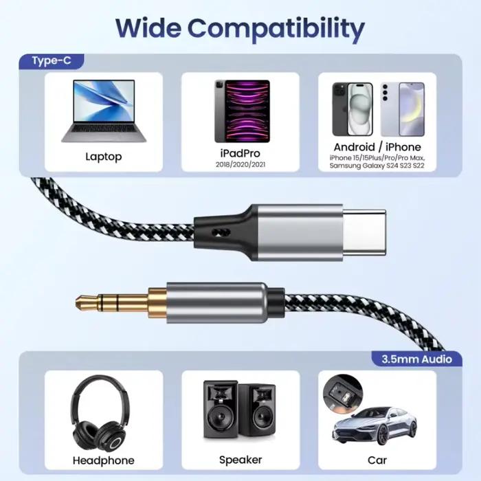 Câble DAC Audio USB-C à Jack 3.5mm de haute qualité pour téléphone casque voiture musique et micro haute-fidélité occasionnelle