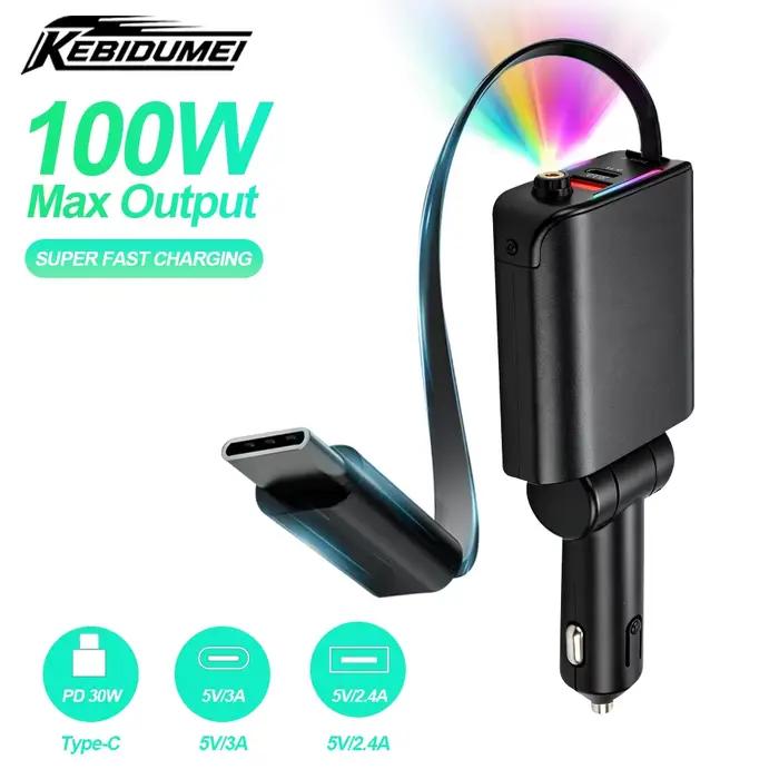 Chargeur de voiture 100W avec câble rétractable Type-C à charge rapide et éclairage de toit