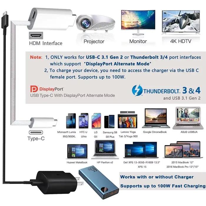 Câble compatible USB C vers HDMI avec charge PD 100W