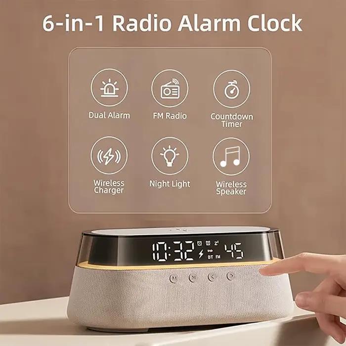 Réveil intelligent multifonction 6 en 1 chargeur sans fil haut-parleur Bluetooth radio FM double alarme veilleuse RVB pour homme et femme usage quotidien cadeau spécial