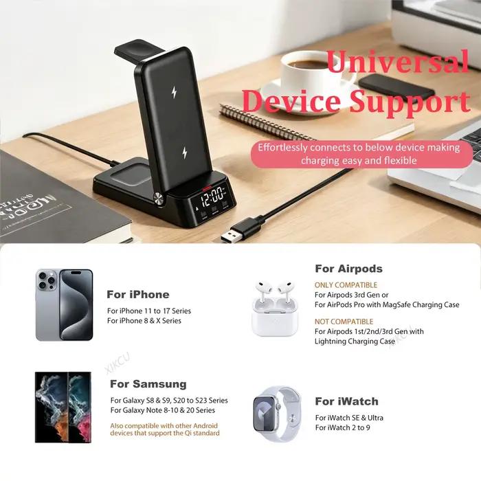 Station de charge rapide 4-en-1 pliable avec réveil et support pour téléphone