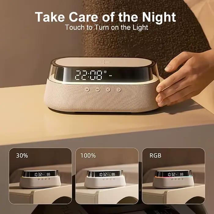 Réveil intelligent multifonction 6 en 1 chargeur sans fil haut-parleur Bluetooth radio FM double alarme veilleuse RVB pour homme et femme usage quotidien cadeau spécial