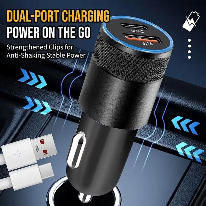 Chargeur de voiture compact USB-C et USB-A 3.1A double port à charge rapide avec puce intelligente et protection contre la surchauffe pour téléphones et iPhone