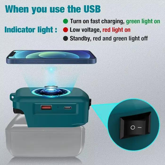 Chargeur sans fil pour batterie Makita 18V adaptateur sans fil 15W rapide pour téléphones et appareils électroniques polyvalents