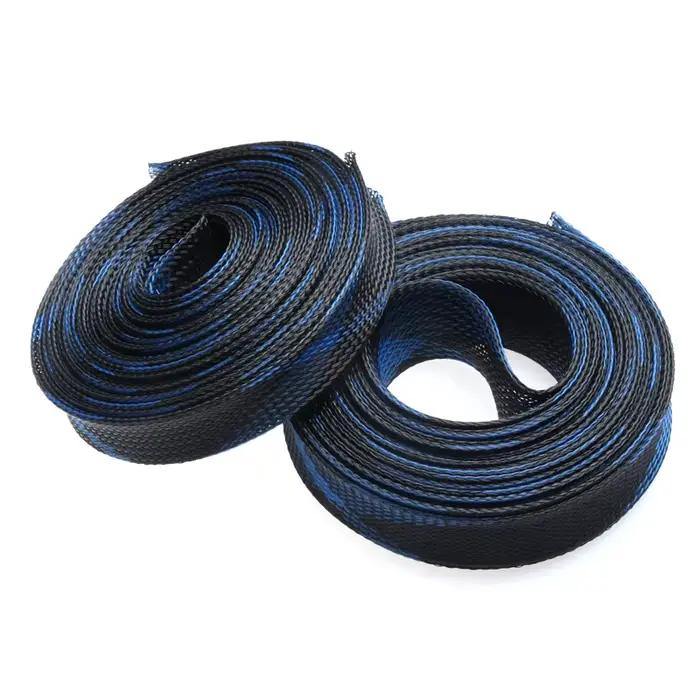 Manchons de câbles extensibles en PET pour rangement et protection des câbles métalliques, disponibles en différentes couleurs et diamètres pour un usage domestique et professionnel