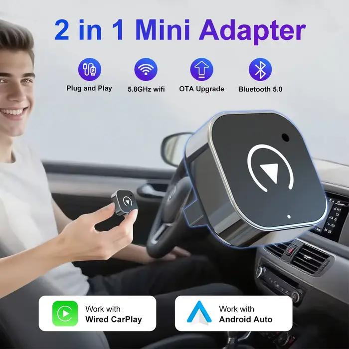 Adaptateur CarPlay/Android Auto 2-en-1 filaire vers sans fil 2026 pour Apple et Android – Plug and Play – Accessoire universel pour voiture – Nouveauté