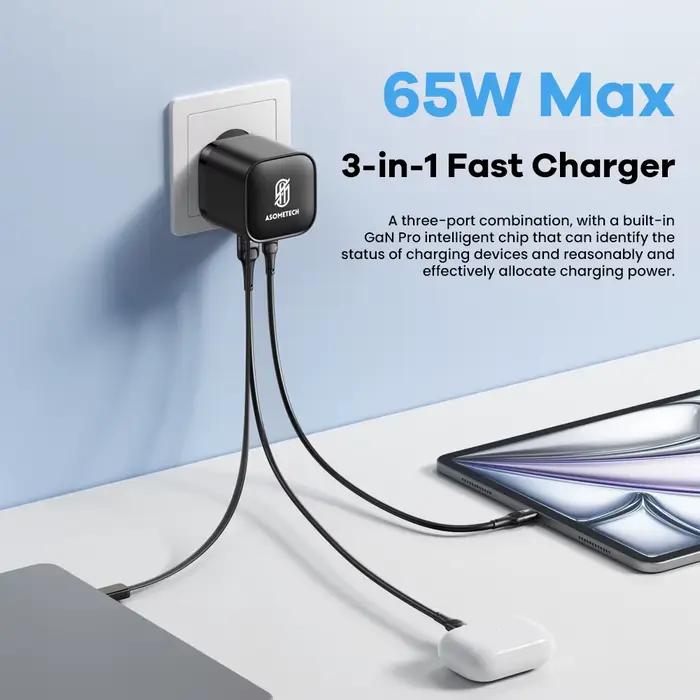Chargeur USB GaN 65W avec câble rétractable de Type C
