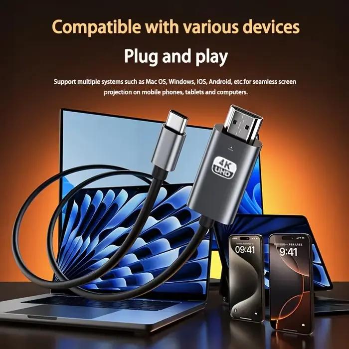 Câble USB C vers HDMI 4K@60Hz 2K@144Hz compatible HDTV pour convertisseur TV MacBook Air iPad Adaptateur USB-C Transmission vidéo